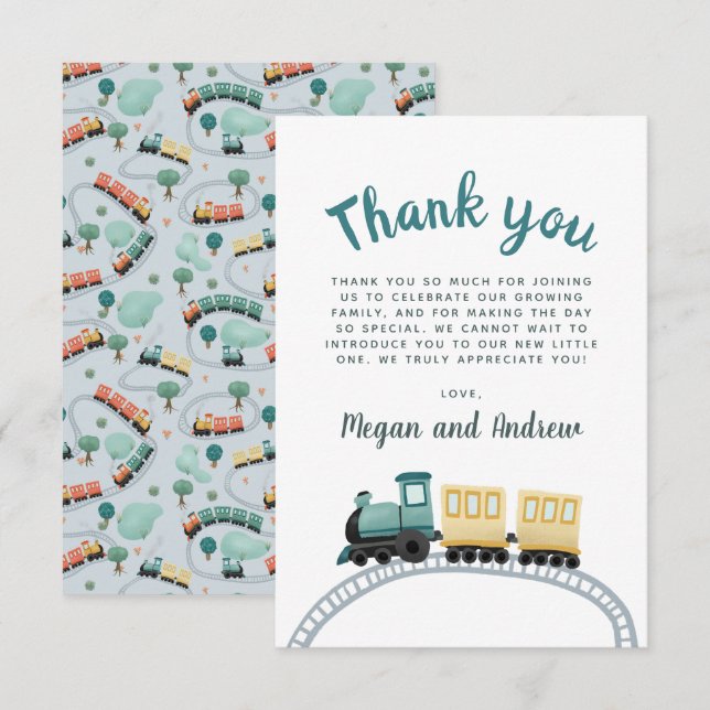 Boys Cute Blue Train Merci Baby shower (Devant / Derrière)
