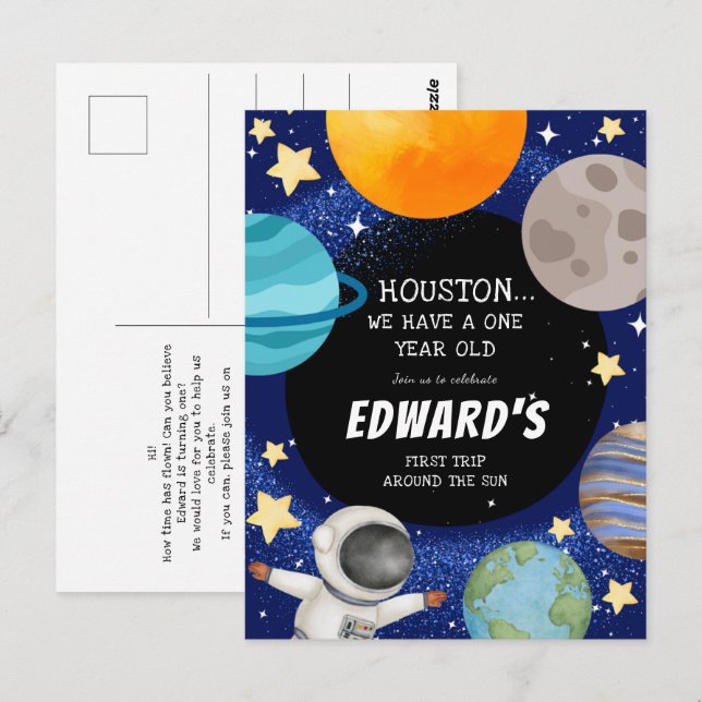Boy's Cute Outer Space 1er Anniversaire Invitation (Devant / Derrière)