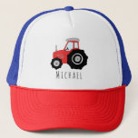 Boys Cute Red Tractor Farm and Name Kids Truckerkappe<br><div class="desc">This cute and modern kids trucker hat design feature a red farm tractor cartoon and space for your to add your boys name. Die perfekte Gift für die Any Tractor Loving Little Farmer!</div>