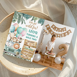 Boys Cute Wild Two Safari 2nd Birthday Photo Einladung