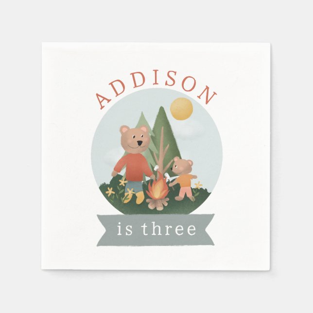 Boys Cute Woodland Forest Camping Bears Birthday  Serviette (Vorderseite)