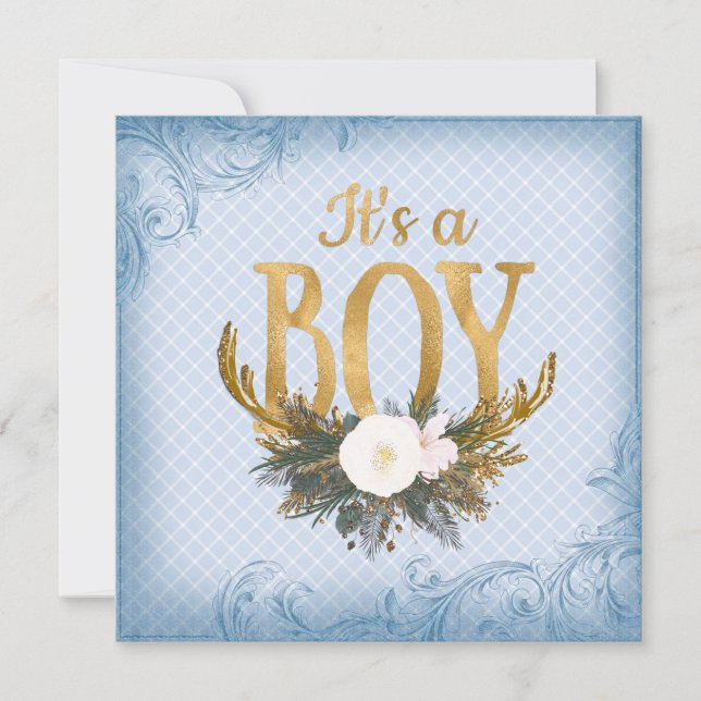Boys Deer Antler Baby Dusche Blau und Gold Einladung (Vorderseite)