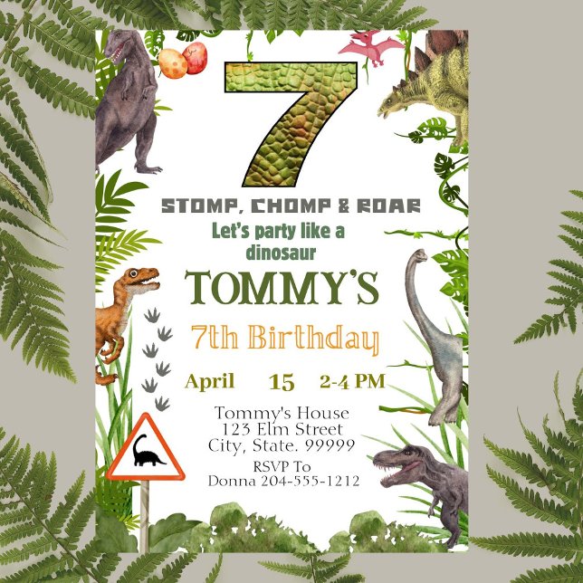 Boys Dinosaur 7e anniversaire fêté Invitation (Créateur téléchargé)