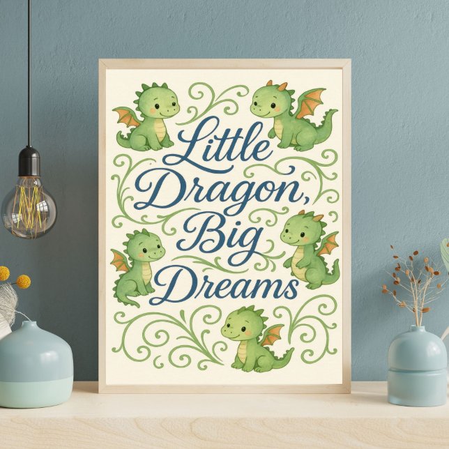 Boys Dragon Kinderzimmer Kleine Drache Big Dreams Poster (Boys Nursery Wall Art, Blue Lettering Green Dragons, Little Dragon, Big Dreams, Toddler Boys Room)