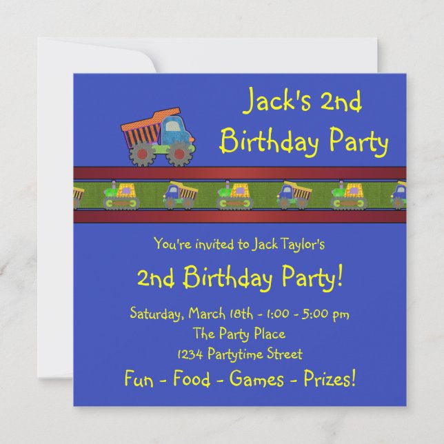 Boys Dump Truck Birthday Party Einladung (Vorderseite)