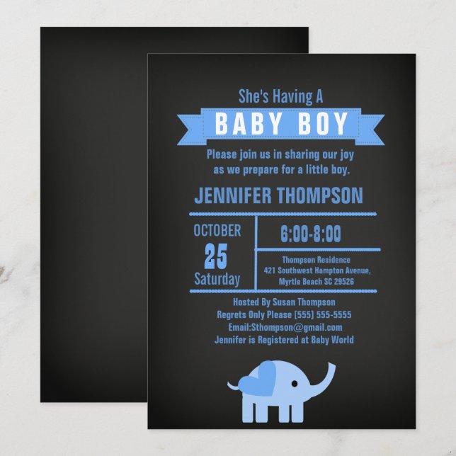 Boys Elephant Baby Duschkabine Einladung (Vorne/Hinten)