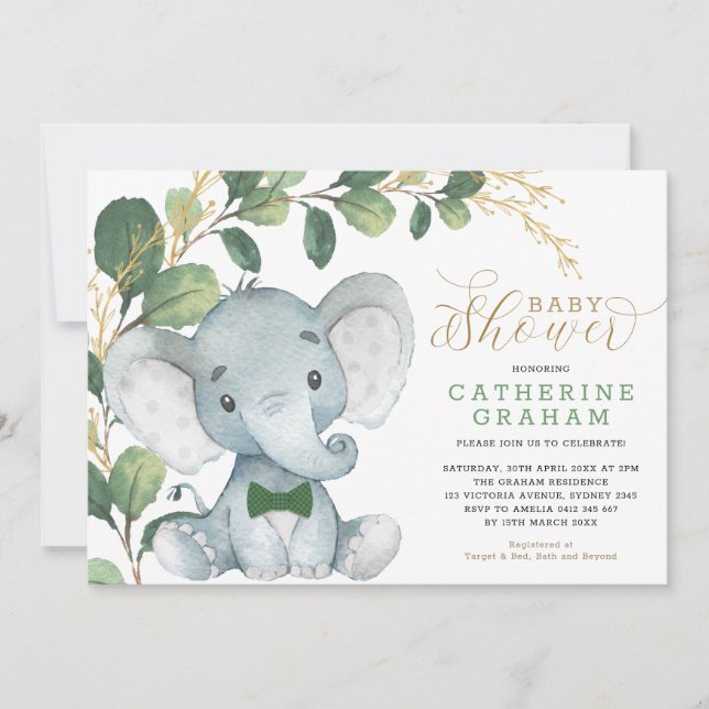 Boys Elephant Greenerenery Gold Garden Baby Dusche Einladung (Vorderseite)