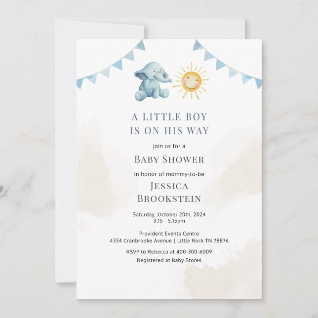 Boys Elephant Sunshine Watercolor Babydusche Einladung (Vorderseite)