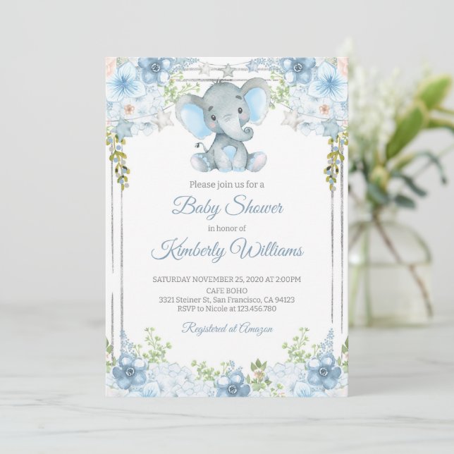Boys Elephant Watercolor Babydusche Einladung (Stehend Vorderseite)