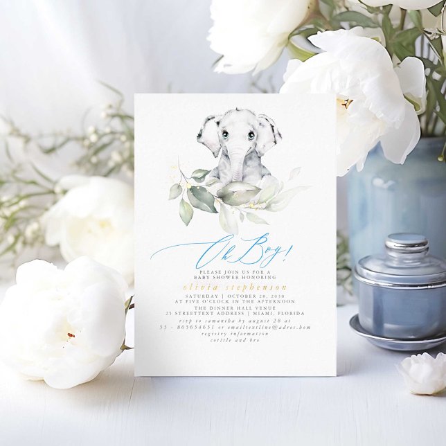 Boys Elephant Watercolor Greenery Baby Dusche Folieneinladung (Elephant Baby Shower Invitations Oh Boy!)