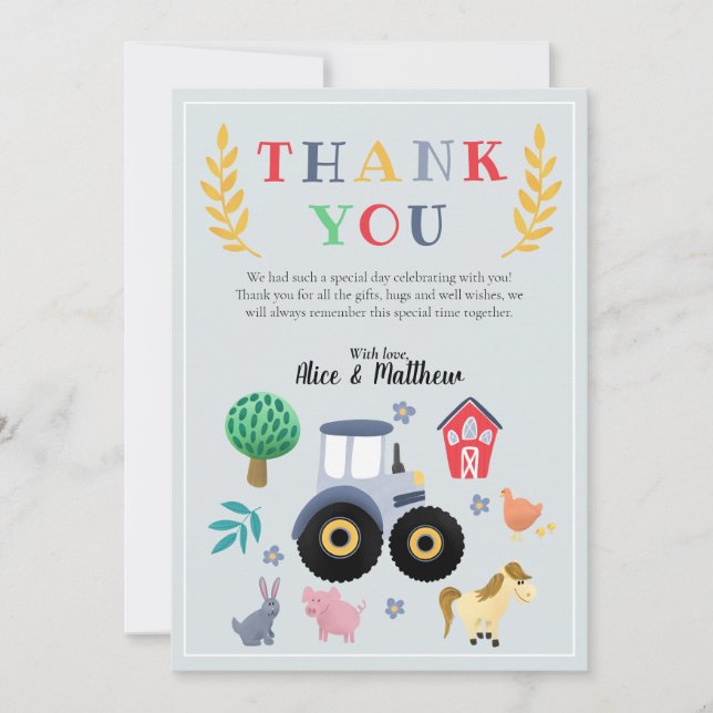 Boys Farm Animals & Blue Traktor Baby Showroom Dankeskarte (Vorderseite)