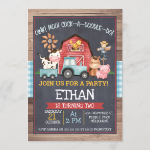 Boys farm Animals Chalkboard Birthday Invitation