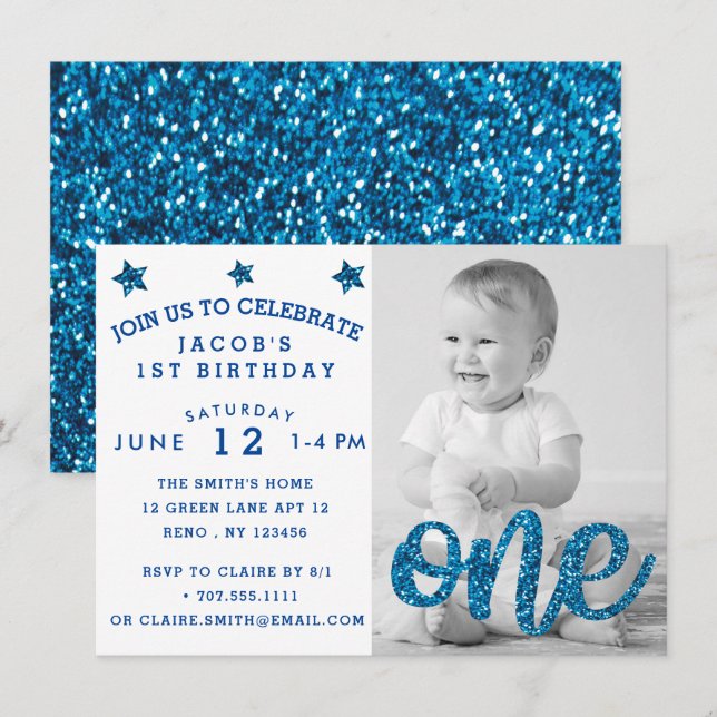 Boys First Birthday Blue Glitzer Foto Einladung (Vorne/Hinten)