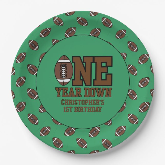Boys Football First Year Down 1st Birthday Party Pappteller (Vorderseite)