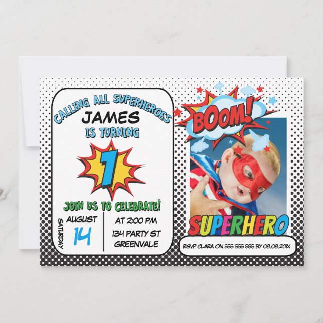 Boys Foto Superhero Einladung zum 1. Geburtstag (Vorderseite)