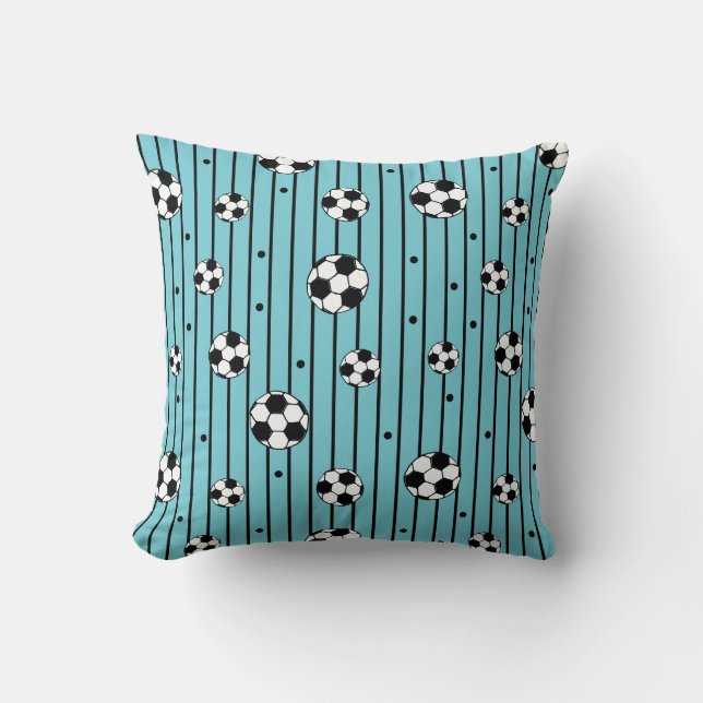 Boys Fußball Balls Black and Blue Strips Kissen (Vorderseite)
