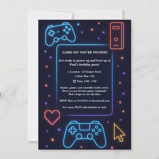Boys Gamer Arcade Themed Birthday Party Einladung (Vorderseite)