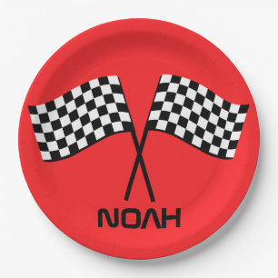 Boy's Go Kart Pit Stopp Birthday Racing Flags Clas Pappteller