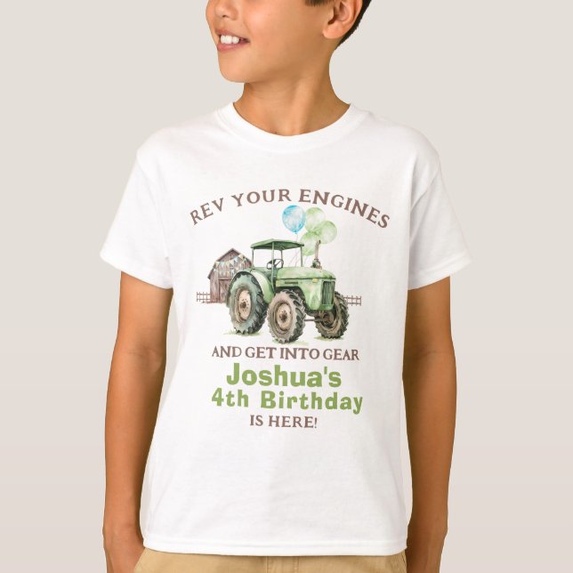 Boys Green Blue Balloons Tractor Birthday T-Shirt (Vorderseite)