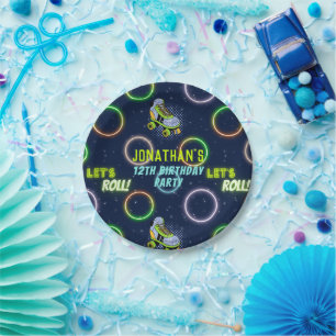Boys Green Blue Neon Lights Roller Skaten Party Pappteller