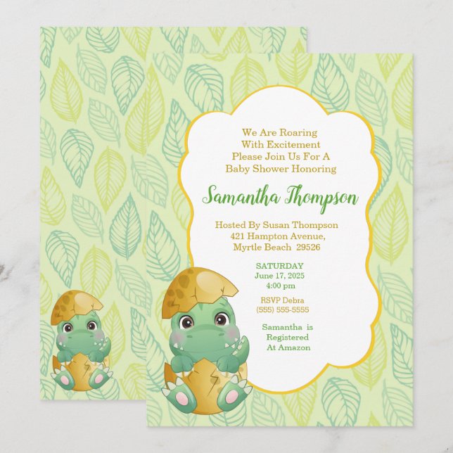 Boys Green Dinosaur Baby shower Oeuf Invitation (Devant / Derrière)