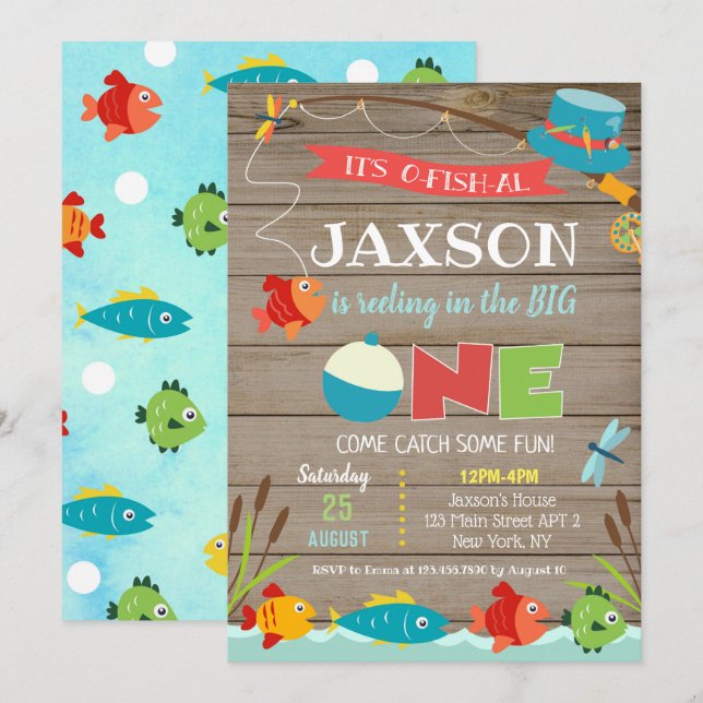 Boy's His O-fish-al 1er anniversaire Invitations (Devant / Derrière)