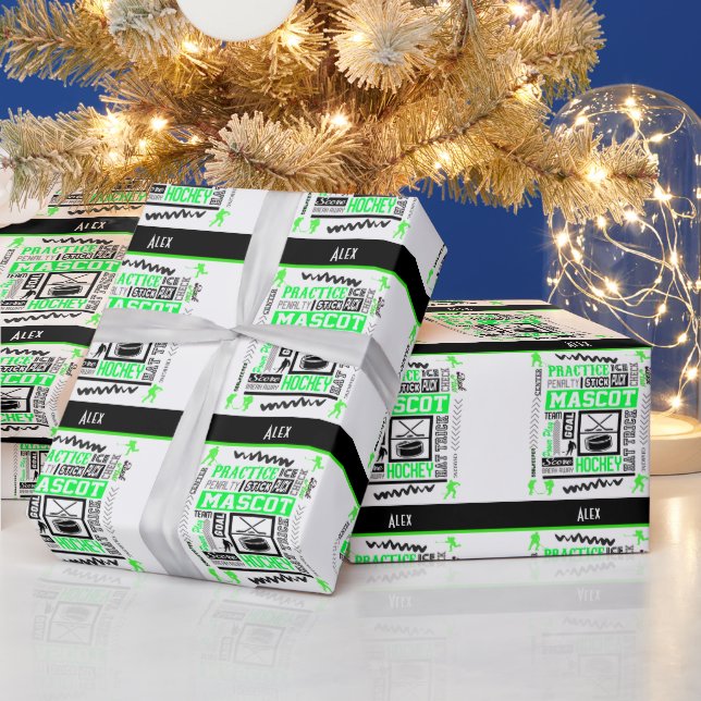 Boys Hockey Terminologie Personalisiert Neon Green Geschenkpapier (Feiertage)