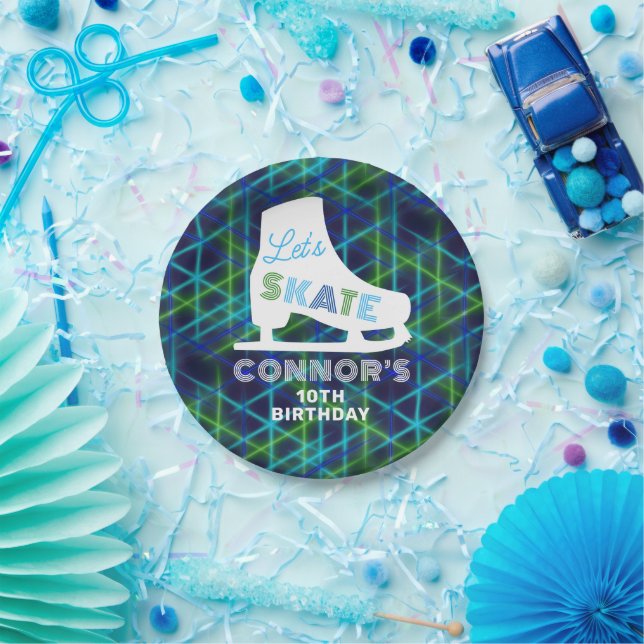 Boys Ice Skaten Birthday Party Neon Pappteller (Party)