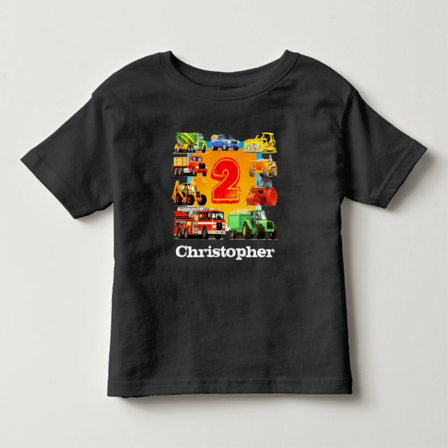 Boy's Individuelle Name Construction Truck 2. Gebu Kleinkind T-shirt (Vorderseite)