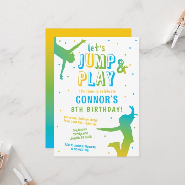 Boys Jump Birthday Party Trampolin Park Einladung (Vorderseite/Rückseite Beispiel)