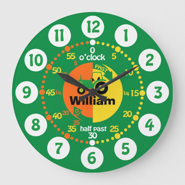 Boys learn to tell time green yellow tractor clock große wanduhr (Vorderseite)