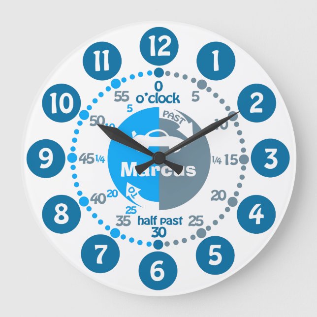 Boys learn to tell time muted blue named car clock große wanduhr (Vorderseite)