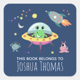 Boys Library Niedlich Space Alien Name Kids Buchze Quadratischer Aufkleber