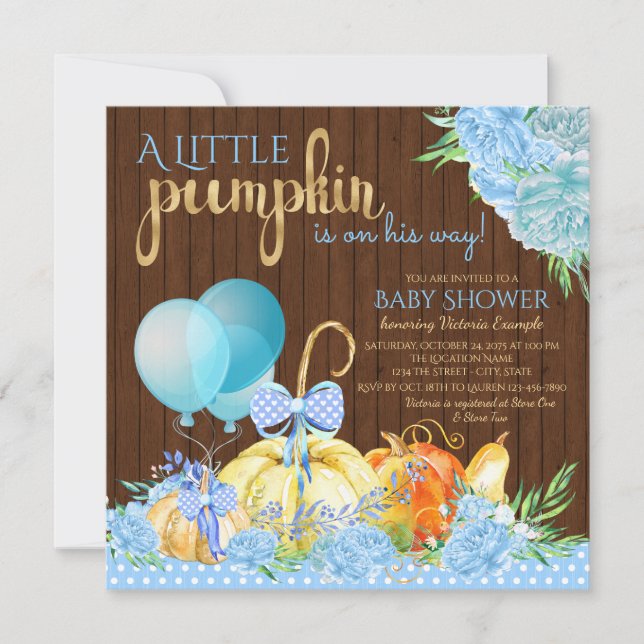 Boys Little Pumpkin Rustic Wood Fall Baby Dusche Einladung (Vorderseite)
