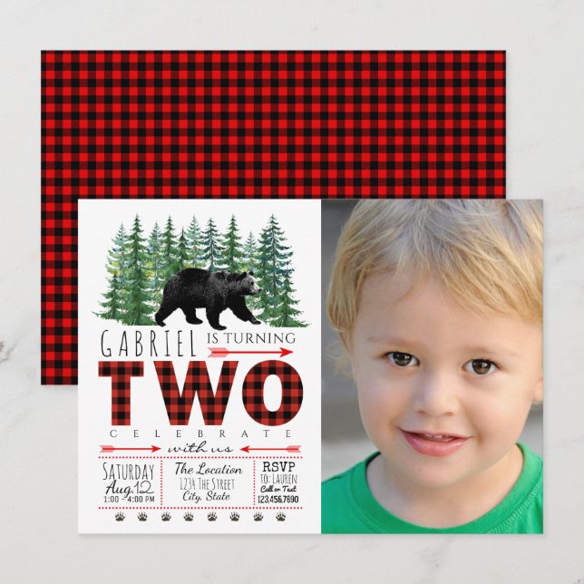 Boys Lumberjack Bear Foto 2. Geburtstag Einladung (Vorne/Hinten)