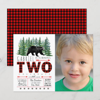 Boys Lumberjack Bear Foto 2. Geburtstag Einladung