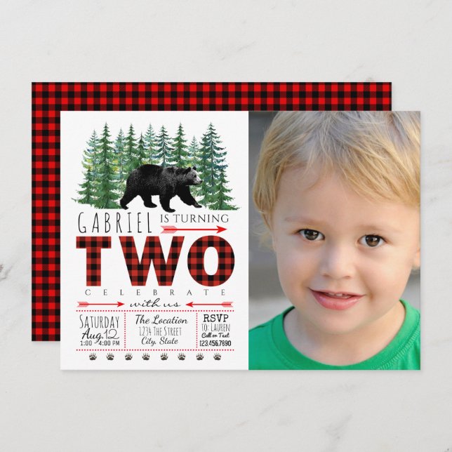 Boys Lumberjack Bear Photo 2nd Birthday Invitation (Devant / Derrière)