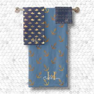 Boys Metallic Gold Mit Monogramm Navy Blue Sailor Badhandtuch Set
