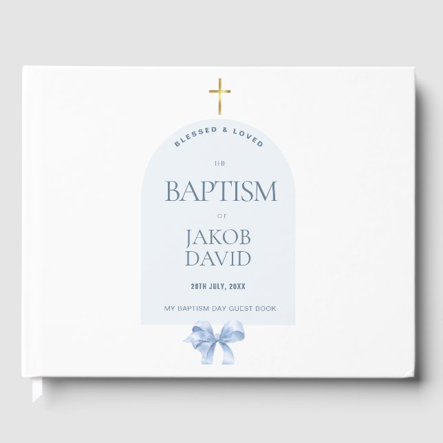 Boy's Modern Blue Bow Taufen Gästebuch (Vorderseite)