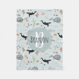 Boys Modernes Ocean Whale Muster Monogram Kids Fleecedecke