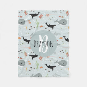 Boys Modernes Ocean Whale Muster Monogram Kids Fleecedecke
