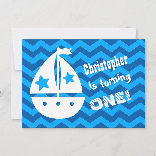 Boys Nautical 1. Geburtstag mit Segelboot A01 Einladung (Vorderseite)