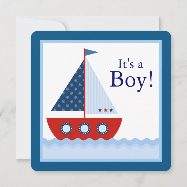 Boys Nautical Sailboat Babydusche Einladung (Vorderseite)