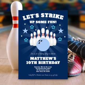 Boy's Navy Blue Bowling Birthday Party Einladung