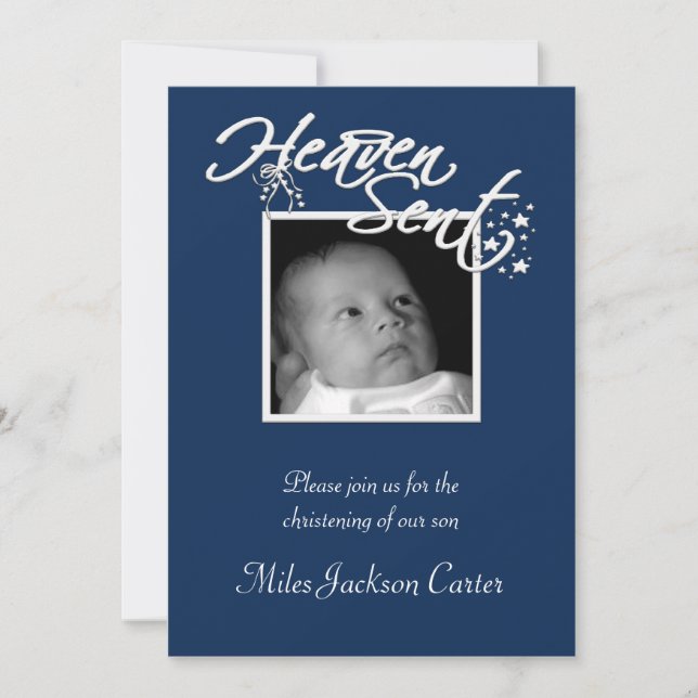 Boys Navy Blue Foto Christening Einladung (Vorderseite)