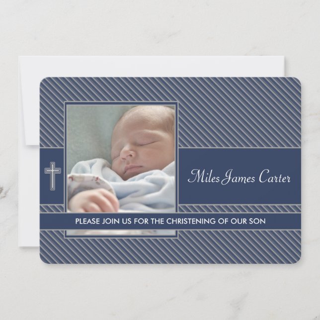 Boys Navy Blue Foto Taufe Christening Einladung (Vorderseite)