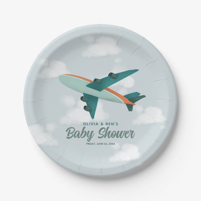 Boys Niedlich Blue Airplane Travel Baby Dusche Pappteller (Vorderseite)