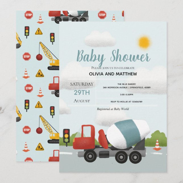 Boys Niedlich Blue Construction Transport Baby Dus Einladung (Vorne/Hinten)