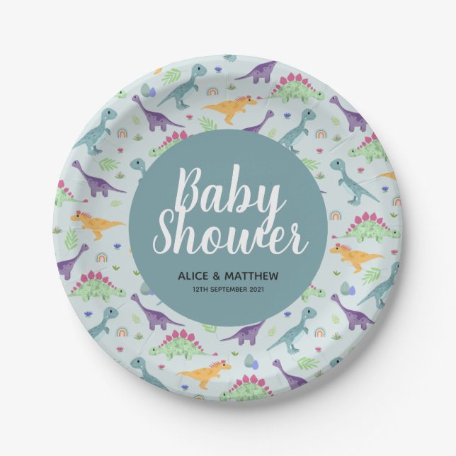 Boys Niedlich Blue Dinosaur Muster Baby Dusche Pappteller (Vorderseite)