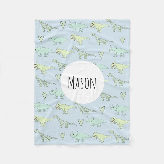Boys Niedlich Blue Dinosaur Muster & Name Kids Fleecedecke (Vorderseite)